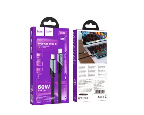Кабель HOCO U119 Type-C to Type-C 60W, 1.2m, nylon, aluminum connectors, Black (6942007605021)