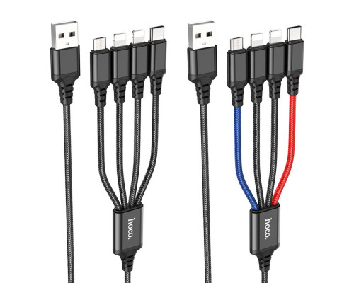 Кабель HOCO X76 USB to iP+iP+Type-C+Micro 2A, 1m, nylon, aluminum connectors Black+Red+Blue (6931474768643)