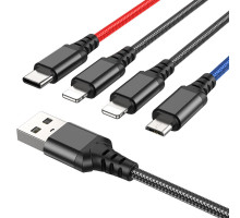 Кабель HOCO X76 USB to iP+iP+Type-C+Micro 2A, 1m, nylon, aluminum connectors Black+Red+Blue (6931474768643)