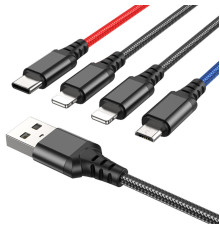 Кабель HOCO X76 USB to iP+iP+Type-C+Micro 2A, 1m, nylon, aluminum connectors Black+Red+Blue (6931474768643)