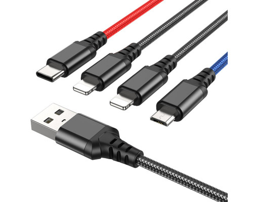 Кабель HOCO X76 USB to iP+iP+Type-C+Micro 2A, 1m, nylon, aluminum connectors Black+Red+Blue (6931474768643)