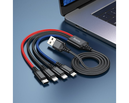 Кабель HOCO X76 USB to iP+iP+Type-C+Micro 2A, 1m, nylon, aluminum connectors Black+Red+Blue (6931474768643)