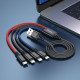 Кабель HOCO X76 USB to iP+iP+Type-C+Micro 2A, 1m, nylon, aluminum connectors Black+Red+Blue (6931474768643)