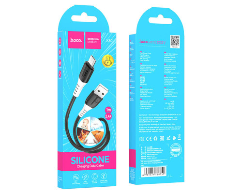 Кабель HOCO X82 USB to Micro 2.4A, 1m, silicone, silicone connectors, Black (6931474768551)