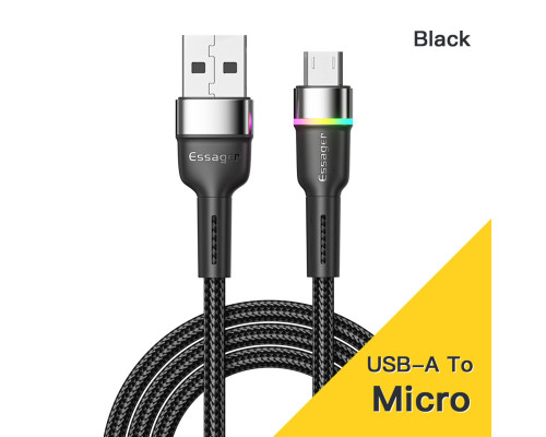 Кабель Essager Colorful LED USB Cable Fast Charging 2.4A USB-A to Micro 2m black (EXCM-XCDA01) (EXCM-XCDA01)