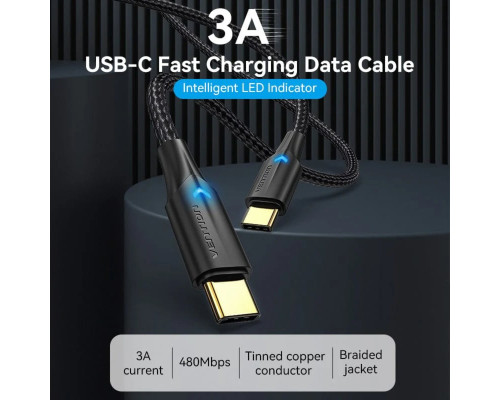 Кабель Vention Nylon Braided USB 2.0 C Male to C Male 3A Cable 2M Black LED Type (TAUBH) (TAUBH)