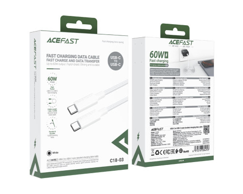 Кабель ACEFAST C18-03 USB-C to USB-C braid charging data cable White (6974316284253)