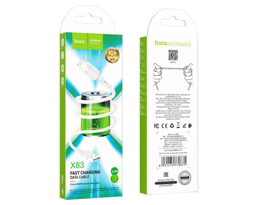 Кабель HOCO X83 USB to iP 2.4A, 1m, PVC, PVC connectors, White (6931474770875)