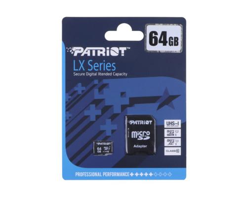 Карта Пам'яті Patriot LX Series MicroSDXC (UHS-1) 64gb 10 Class & Adapter Колір Чорний 815530015581