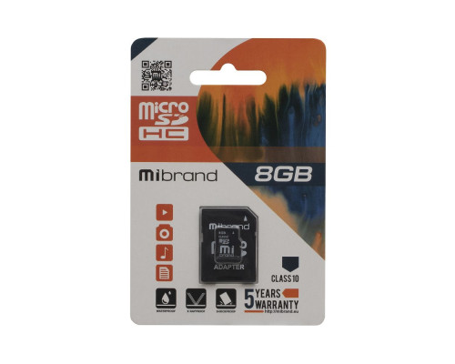 Карта Пам'яті Mibrand MicroSDHC 8gb 10 Class & Adapter Колір Чорний 8592112120124