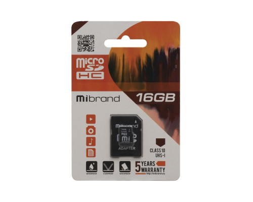 Карта Пам'яті Mibrand MicroSDHC 16gb UHS-1 10 Class & Adapter Колір Чорний 8592112130048