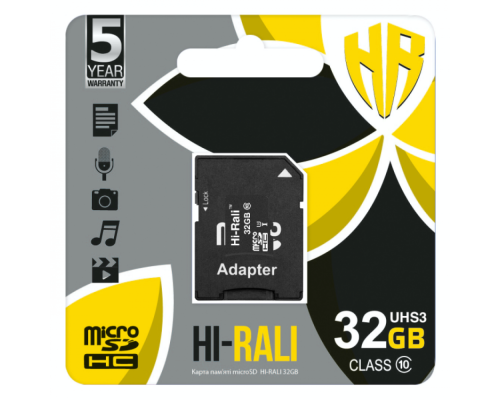 Карта Пам'яті Hi-Rali MicroSDHC 32gb UHS-3 10 Class & Adapter Колір Чорний