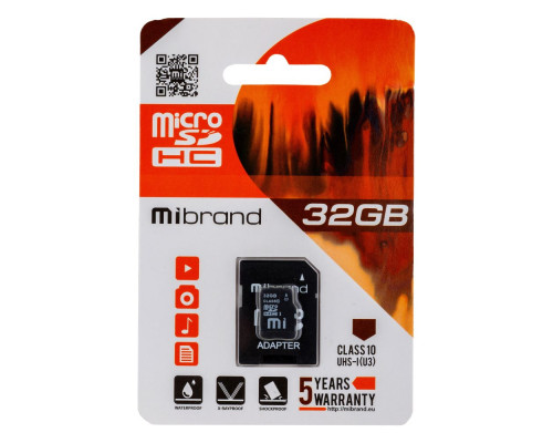 Карта Пам'яті Mibrand MicroSDHC 32gb UHS-1 10 Class & Adapter Колір Чорний 8592112140061