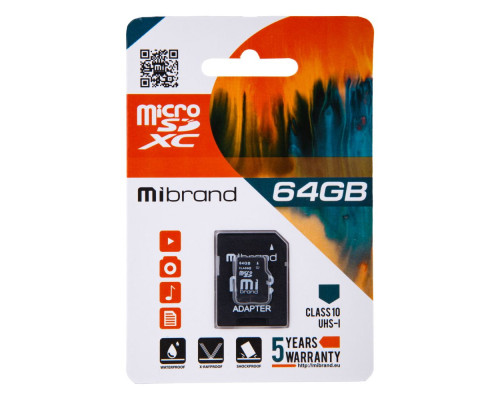 Карта Пам'яті Mibrand MicroSDXC 64gb UHS-1 10 Class & Adapter Колір Чорний