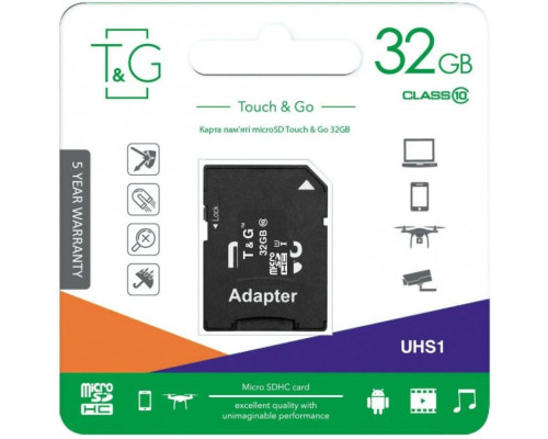 Карта Пам'яті T&G MicroSDHC 32gb UHS-1 10 Class & Adapter Колір Чорний 4711472587758