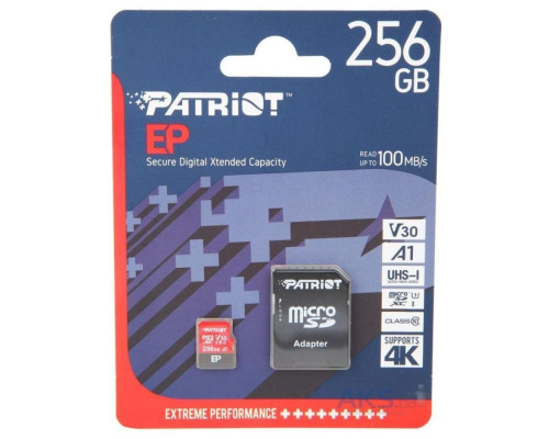 Карта Пам'яті Patriot EP microSDXC (UHS-I/U3) 256gb V30 10 Class & Adapter Колір Чорно-Червоний 814914024805