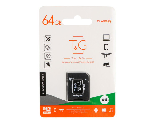 Карта Пам'яті T&G MicroSDXC 64gb UHS-3 10 Class & Adapter Колір Чорний 4711472588212