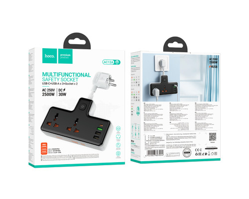 Мережевий подовжувач HOCO AC12A Reise 2-position expansion socket(PD30W/1C3A) Black (6942007607094)