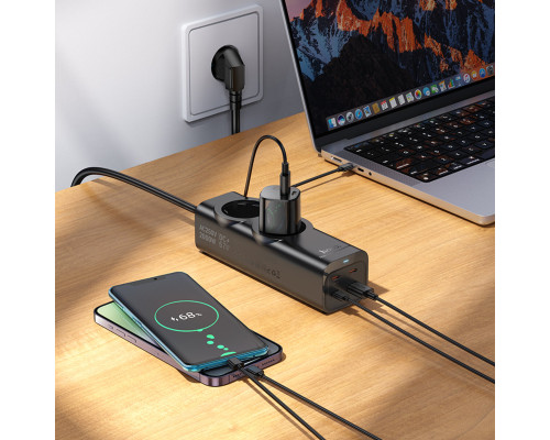 Мережевий подовжувач HOCO NS10 Wisdom 2-position (PD67W/3C1A) desktop socket (EU/GER) Black (6942007638500)