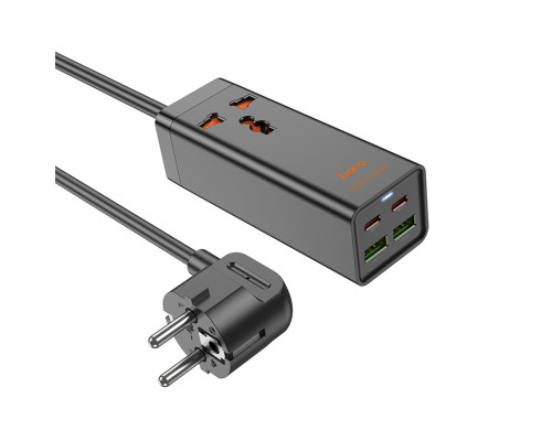 Мережевий подовжувач HOCO AC10A Barry PD65W GaN (2C2A with 1 socket) desktop charger Black (6942007601672)