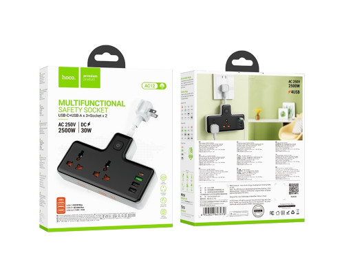 Мережевий подовжувач HOCO AC12 Reise 2-position expansion socket(PD30W/1C3A) Black (6942007607070)