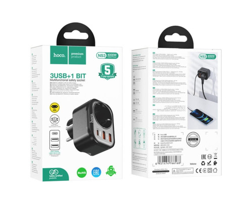Мережевий зарядний пристрій HOCO NS3 Multifunctional socket(including 1C2A PD20W fast charge) Black (6931474766168)