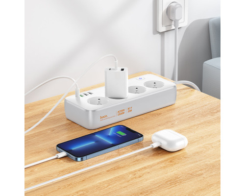 Мережевий подовжувач HOCO AC22 Sunlight 4-bit (PD30W/1C3A) desktop socket (EU/GER) White (6942007629799)