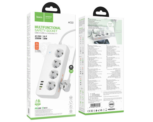 Мережевий подовжувач HOCO AC22 Sunlight 4-bit (PD30W/1C3A) desktop socket (EU/GER) White (6942007629799)
