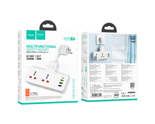 Мережевий подовжувач HOCO AC12A Reise 2-position expansion socket(PD30W/1C3A) White (6942007607100)