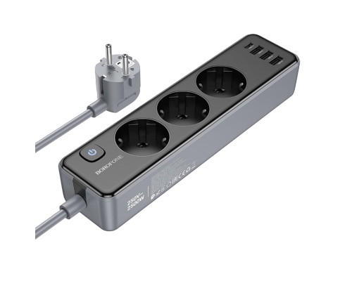 Мережевий подовжувач BOROFONE BAC8 Power 3-position socket(1C3A)(EU/GER)(L=2M) Black (6941991116636)