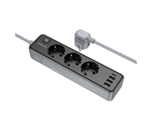 Мережевий подовжувач BOROFONE BAC8 Power 3-position socket(1C3A)(EU/GER)(L=2M) Black (6941991116636)