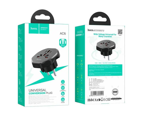 Мережевий зарядний пристрій HOCO AC6 Unimpeded universal conversion plug Black (6931474791511)
