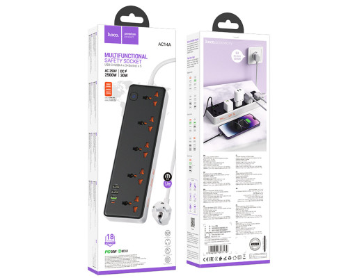 Мережевий подовжувач HOCO AC14A Rico 5-position socket(PD30W/1C3A) Black (6942007607179)