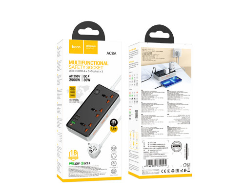 Мережевий подовжувач HOCO AC8A Storm 3-position socket(PD30W/1C3A) Black (6942007600095)
