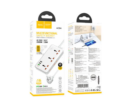 Мережевий подовжувач HOCO AC8A Storm 3-position socket(PD30W/1C3A) White (6942007600101)