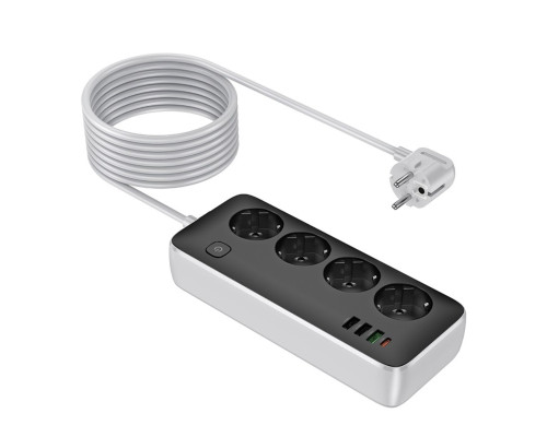 Мережевий подовжувач HOCO AC22 Sunlight 4-bit (PD30W/1C3A) desktop socket (EU/GER)(L=3M) Black (6942007636728)