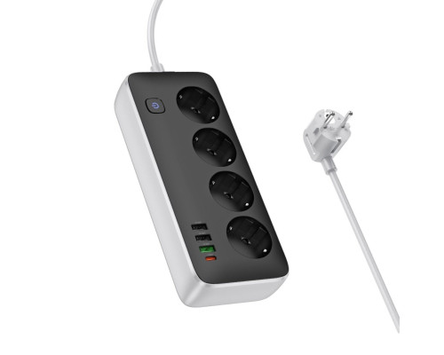 Мережевий подовжувач HOCO AC22 Sunlight 4-bit (PD30W/1C3A) desktop socket (EU/GER)(L=3M) Black (6942007636728)