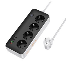 Мережевий подовжувач HOCO AC22 Sunlight 4-bit (PD30W/1C3A) desktop socket (EU/GER)(L=3M) Black (6942007636728)