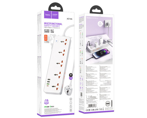 Мережевий подовжувач HOCO AC14A Rico 5-position socket(PD30W/1C3A) White (6942007607186)