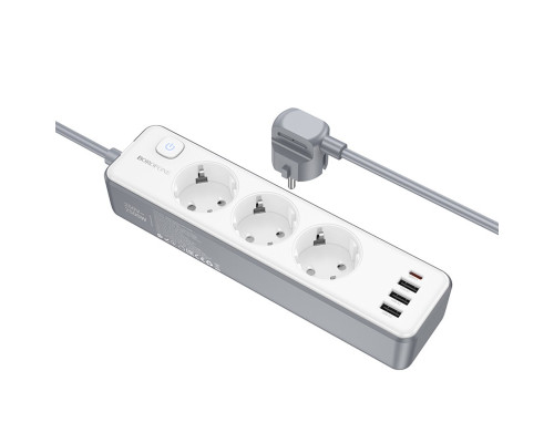 Мережевий подовжувач BOROFONE BAC9 Power 3-position socket(PD20W/1C3A)(EU/GER)(L=2M) White (6941991116650)