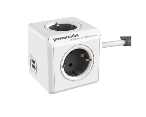 Мережевий подовжувач Allocacoc PowerCube Extended з заземленням 4 розетки 2 USB 1.5 м, сірий (1402GY/DEEUPC)