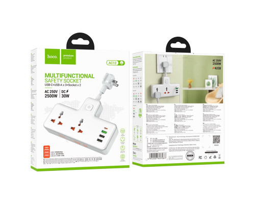 Мережевий подовжувач HOCO AC12 Reise 2-position expansion socket(PD30W/1C3A) (US) White (6942007607087)