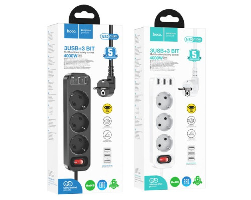 Мережевий подовжувач HOCO NS4 Sharp PD65W(2C1A) desktop socket(EU/GER) Чорний mag-6942007617352137313