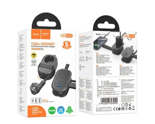 Мережевий подовжувач HOCO NS6 Sharp 1 position(1C2A) desktop socket(EU/GER) Чорний mag-6942007623940145086