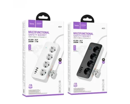 Мережевий подовжувач HOCO AC21 Sunlight 4-bit (1C3A) desktop socket (L=3M) Чорний mag-6942007636704146735