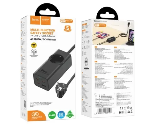 Мережевий подовжувач HOCO NS9 Wisdom 1-position(PD67W/3C1A) desktop socket(EU/GER) Чорний mag-6942007638494145091