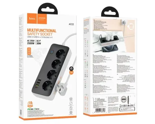 Мережевий подовжувач HOCO AC22 Sunlight 4-bit(PD30W/1C3A) desktop socket(EU/GER)(L=3M) Чорний mag-6942007636728152311