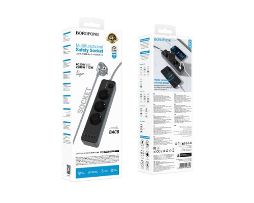 Мережевий подовжувач BOROFONE BAC8 Power 3-position socket 1C3A/3M чорний mag-6941991116643137626