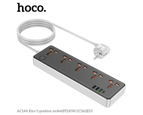 Мережевий подовжувач HOCO AC14A Rico 5-position socket(PD30W/1C3A)(EU) Чорний mag-6942007607179143483