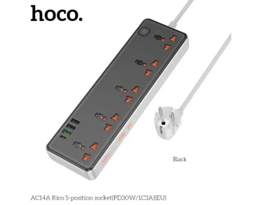 Мережевий подовжувач HOCO AC14A Rico 5-position socket(PD30W/1C3A)(EU) Чорний mag-6942007607179143483